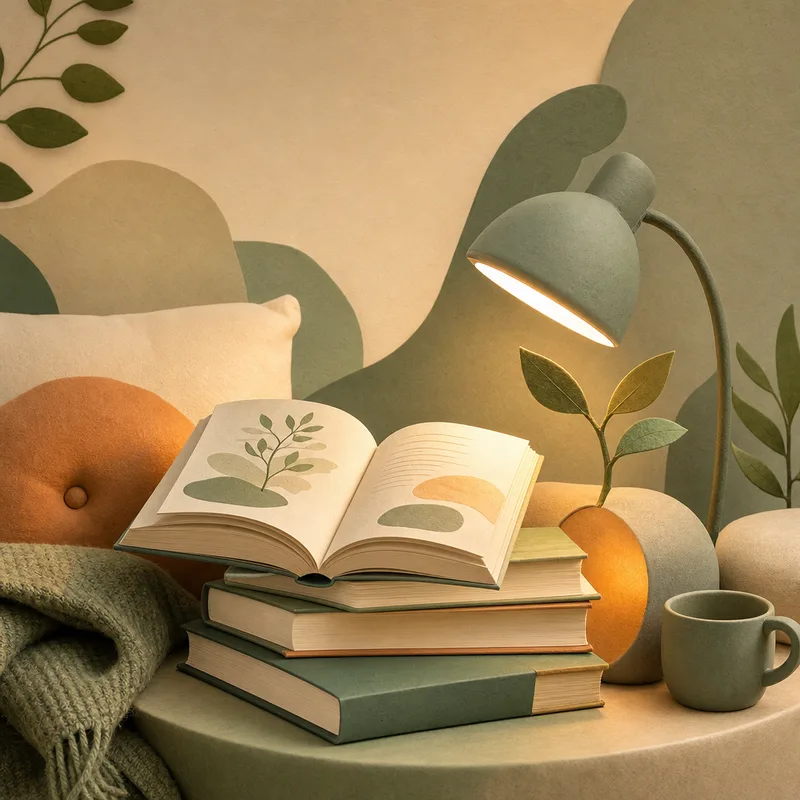 A calming scene of abstract books and soft light