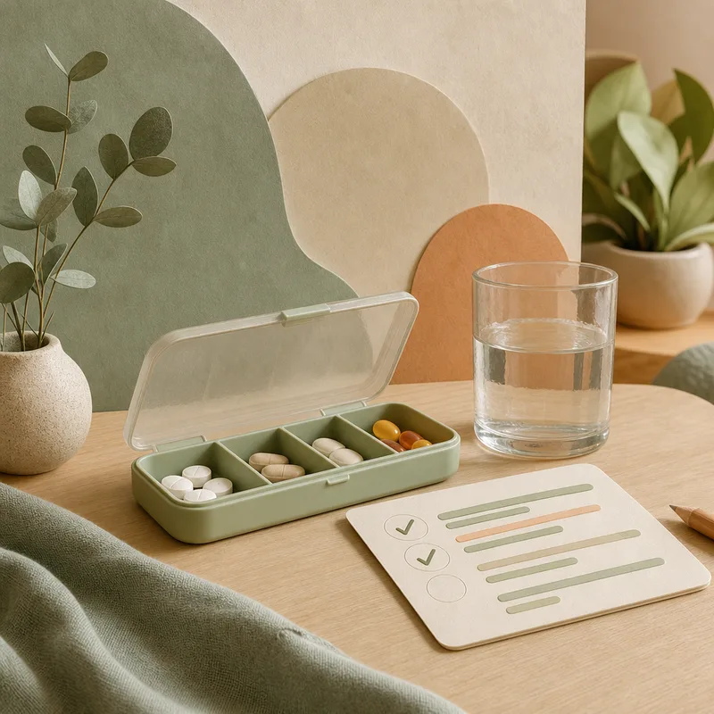 A calm setup with a pill organizer, a glass of water, and a checklist