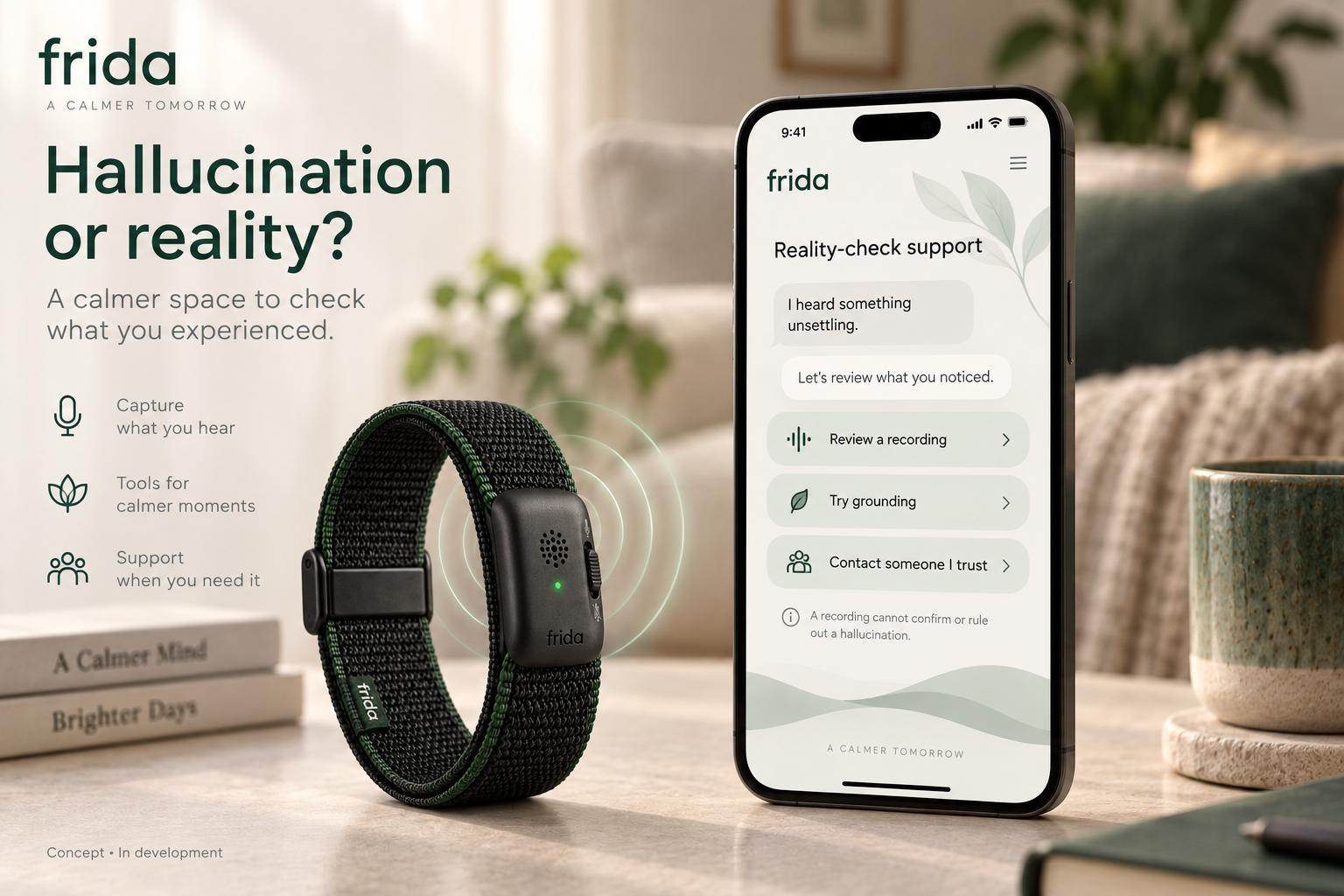 Frida Voice reality-check concept with options to review a recording, try grounding or contact a trusted person.